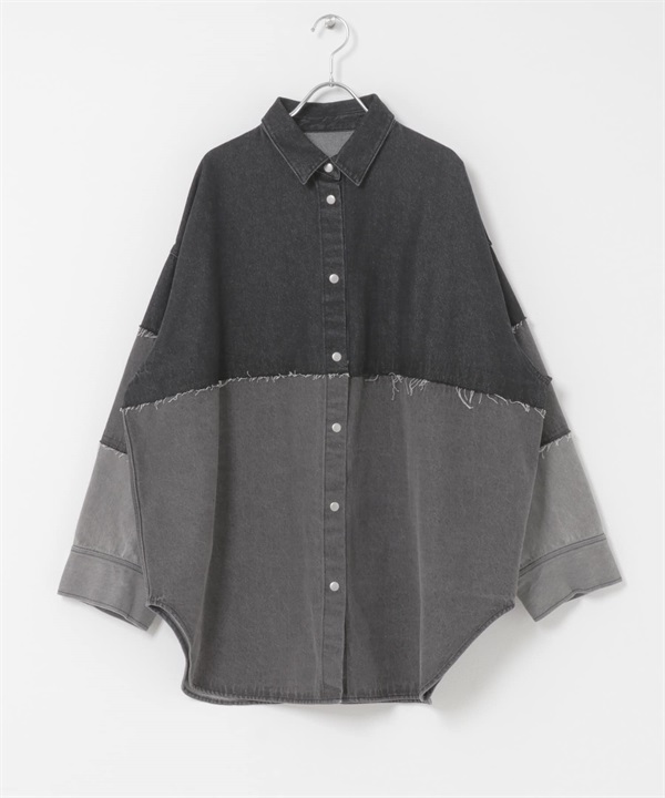 拼接寬版牛仔襯衫(灰色-one-GRAY)