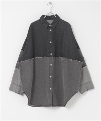 拼接寬版牛仔襯衫(灰色-one-GRAY)