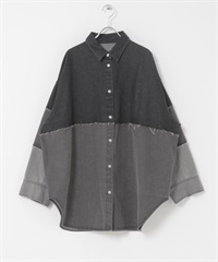 拼接寬版牛仔襯衫(灰色-one-GRAY)