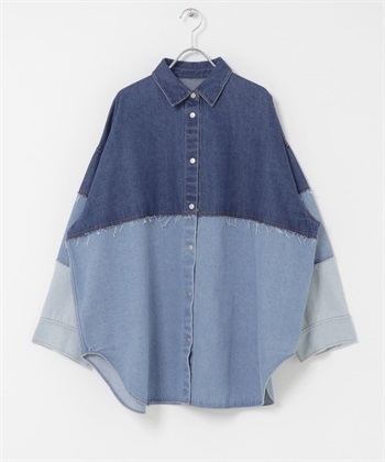 拼接寬版牛仔襯衫(藍色-one-BLUE)
