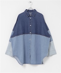 拼接寬版牛仔襯衫(藍色-one-BLUE)