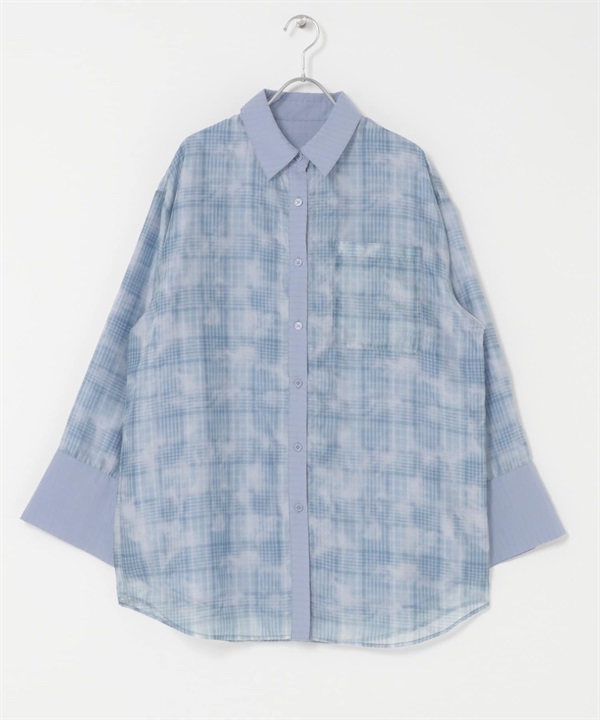 透膚格紋層次襯衫(藍色-one-其他藍色)