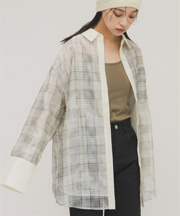 透膚格紋層次襯衫