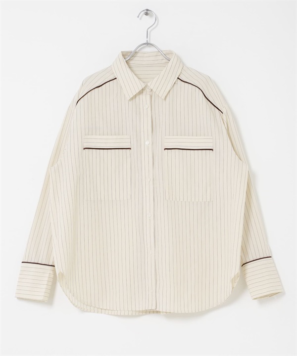 直條紋寬版襯衫(象牙白-one-IVORY)