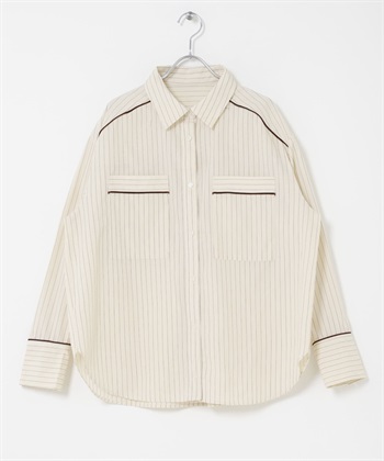 直條紋寬版襯衫(象牙白-one-IVORY)