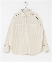 直條紋寬版襯衫(象牙白-one-IVORY)