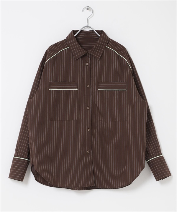 直條紋寬版襯衫(棕色-one-BROWN)