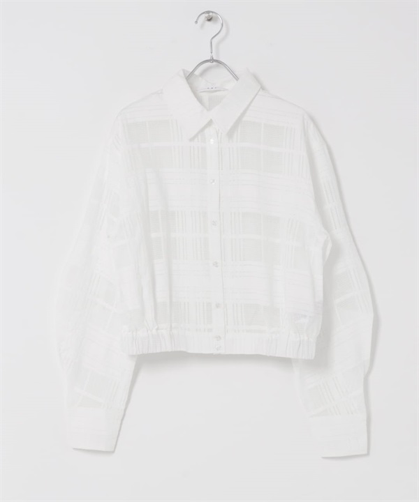 透膚格紋短版襯衫(米色-one-OFF WHITE)