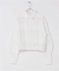 透膚格紋短版襯衫(米色-one-OFF WHITE)