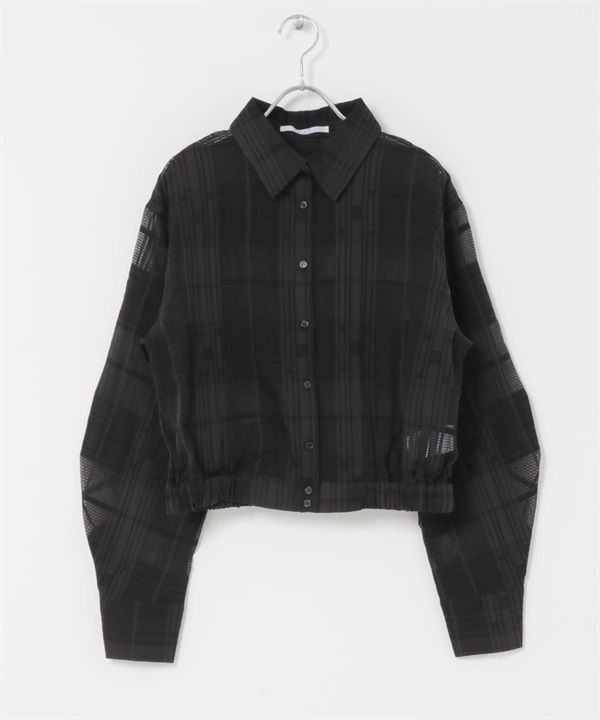 透膚格紋短版襯衫(黑色-one-BLACK)