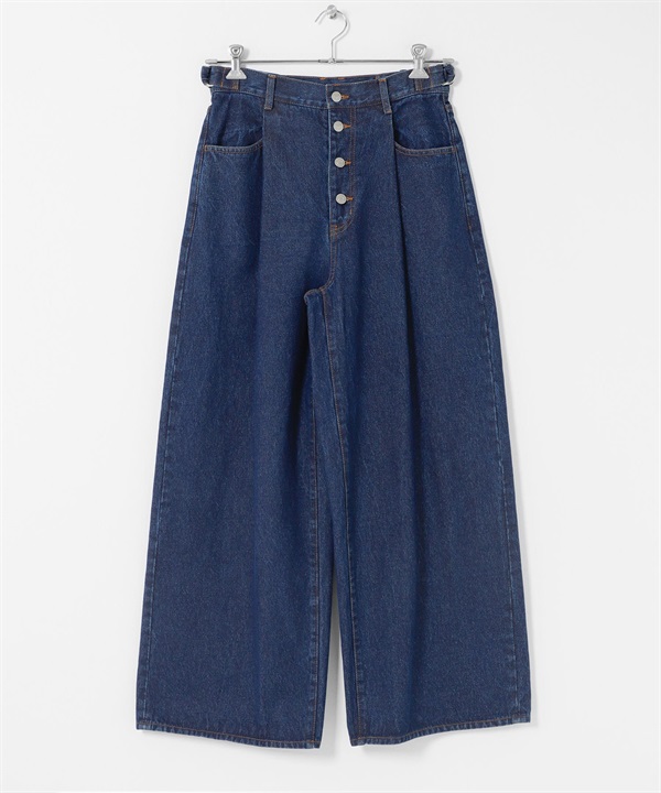 打褶排扣設計牛仔褲(藍色-34-BLUE)