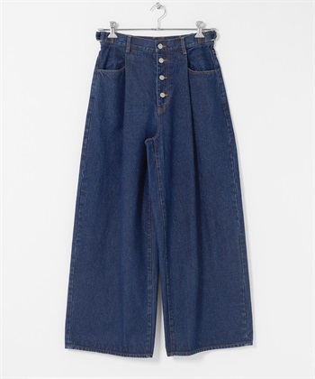 打褶排扣設計牛仔褲(藍色-38-BLUE)