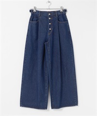 打褶排扣設計牛仔褲(藍色-34-BLUE)