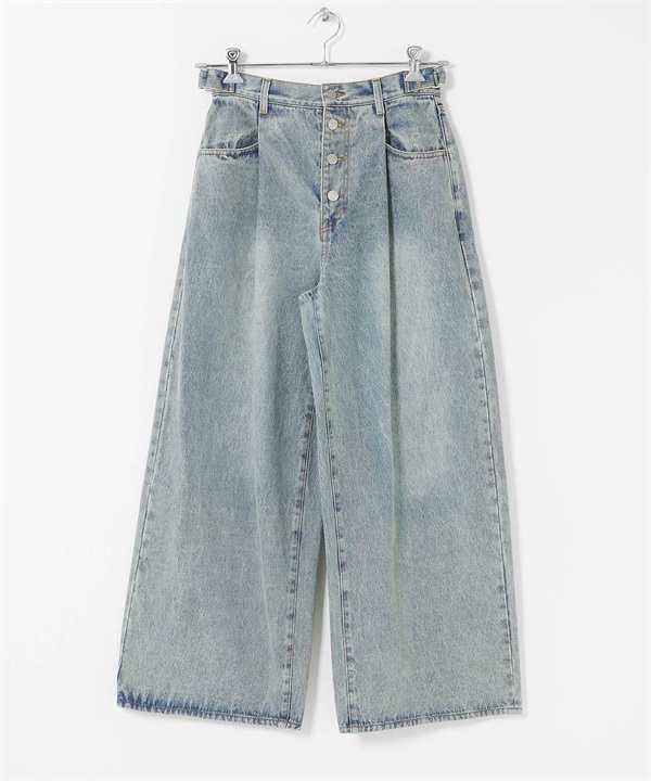 打褶排扣設計牛仔褲(淺藍色-34-LIGHT BLUE)
