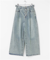 打褶排扣設計牛仔褲(淺藍色-34-LIGHT BLUE)