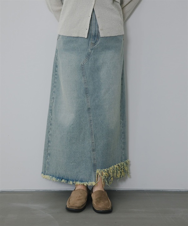 不對稱流蘇設計牛仔裙