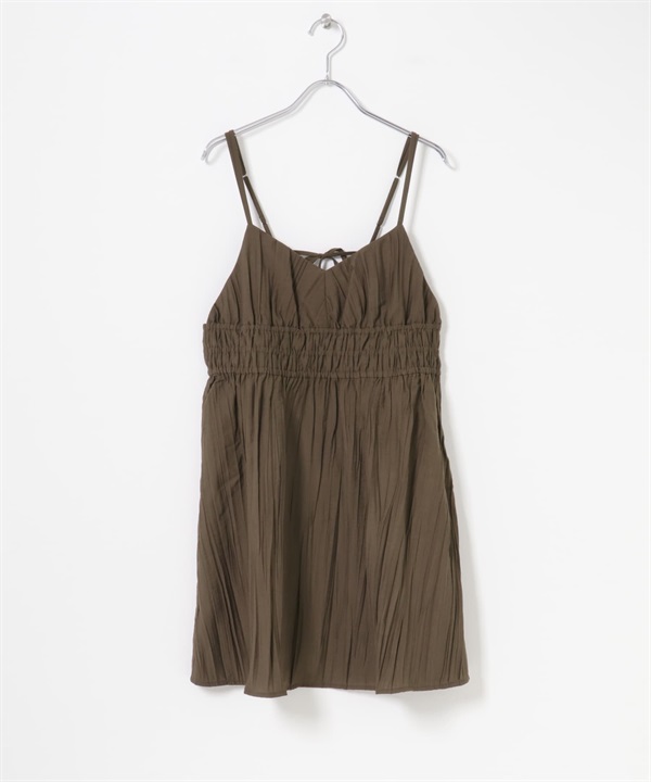 抽褶細肩帶迷你洋裝(深棕色-one-DARK BROWN)