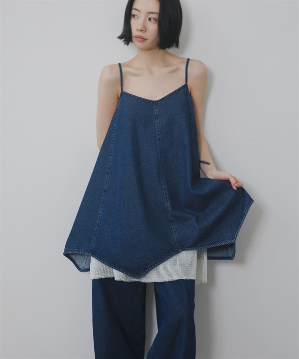 網狀層次牛仔細肩帶洋裝