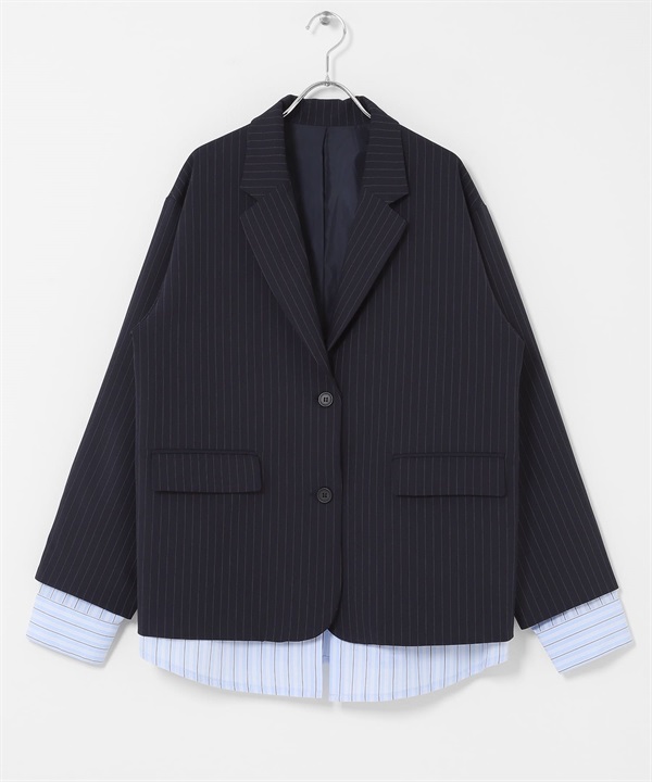 層次設計西裝外套(藏青色 條紋-one-其他藍色)