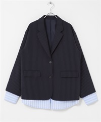 層次設計西裝外套(藏青色 條紋-one-其他藍色)