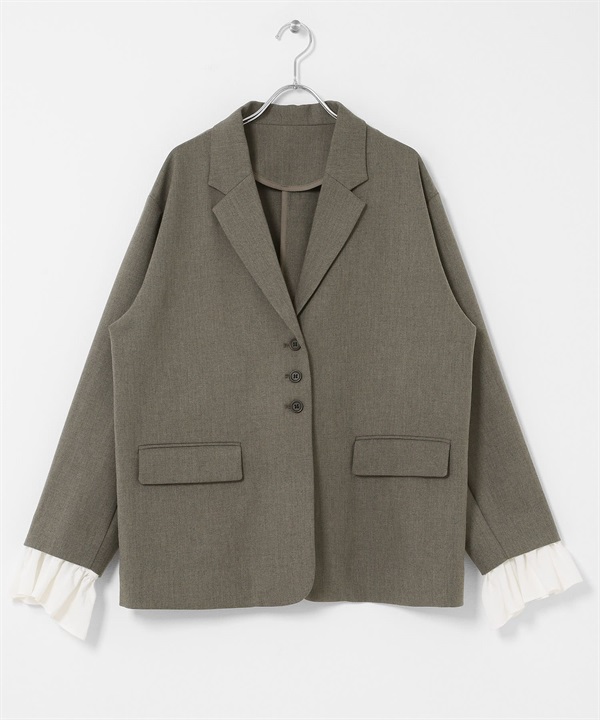 荷葉邊袖口西裝外套(可成套搭配)(苔蘚灰-one-其他灰色)