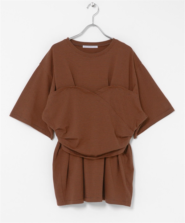 背心設計寬版橫紋T恤(棕色x橘色-one-其他棕色)