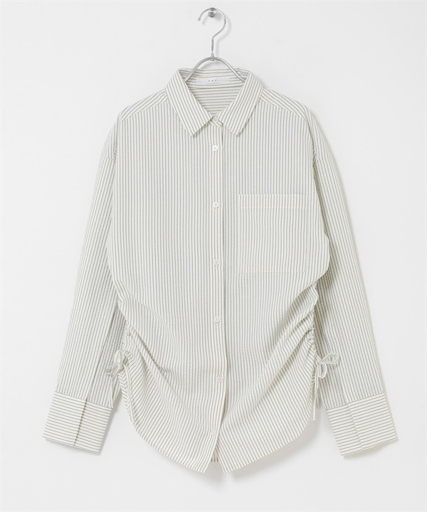 側邊抽繩泡泡紗襯衫(象牙白x藍色-one-其他白色)