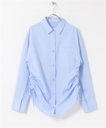 側邊抽繩泡泡紗襯衫(藍色x米色-one-其他藍色)