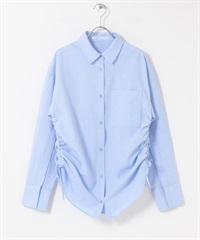 側邊抽繩泡泡紗襯衫(藍色x米色-one-其他藍色)