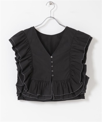 2WAY配色荷葉邊罩衫(黑色-one-BLACK)