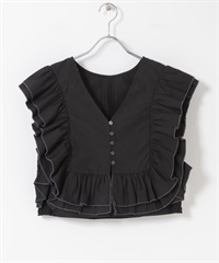 2WAY配色荷葉邊罩衫(黑色-one-BLACK)