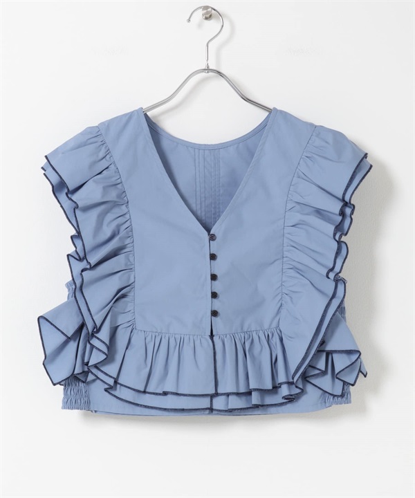 2WAY配色荷葉邊罩衫(藍色-one-BLUE)