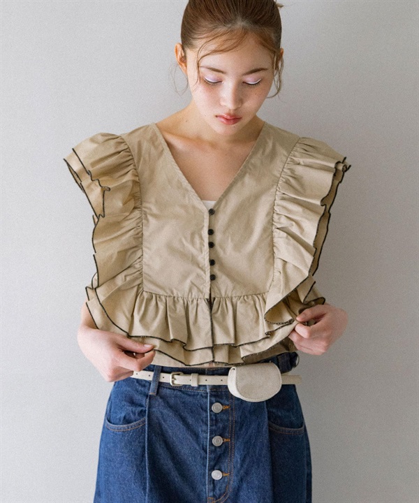 2WAY配色荷葉邊罩衫