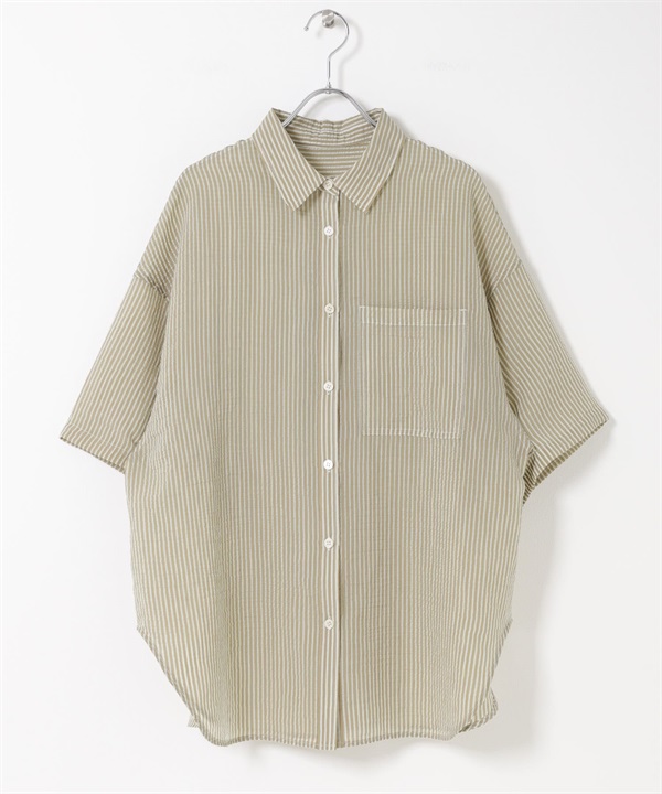 透膚直條紋寬版襯衫(卡其綠-one-其他綠色)