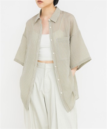透膚直條紋寬版襯衫