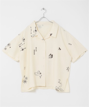 刺青圖案寬版襯衫(象牙白-one-IVORY)