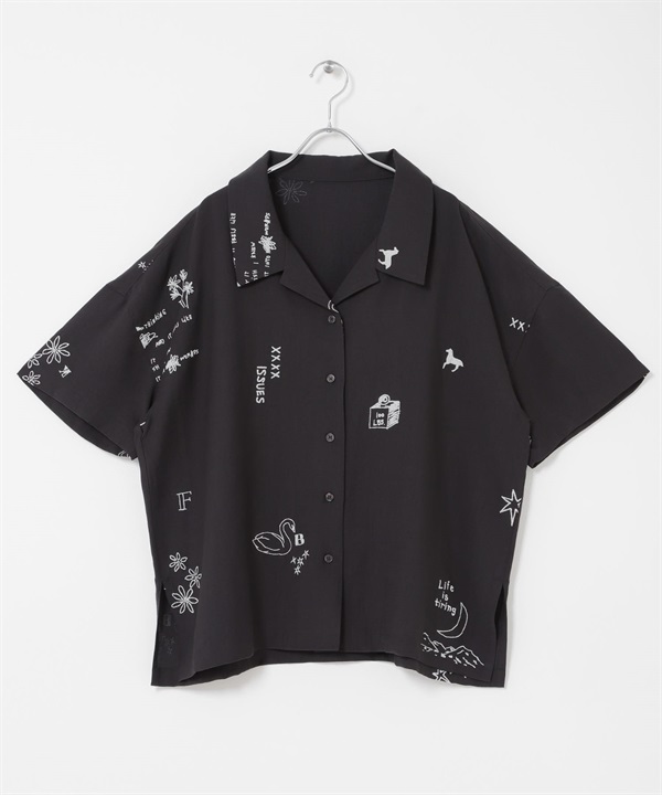 刺青圖案寬版襯衫(炭灰色-one-CHARCOAL GRAY)