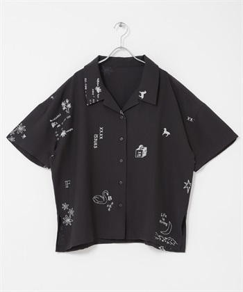 刺青圖案寬版襯衫(炭灰色-one-CHARCOAL GRAY)