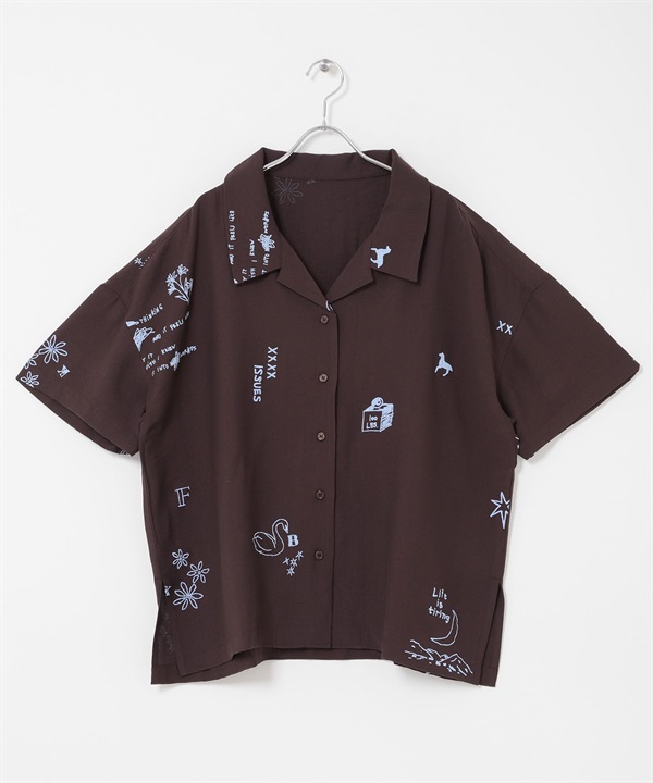 刺青圖案寬版襯衫(棕色-one-BROWN)