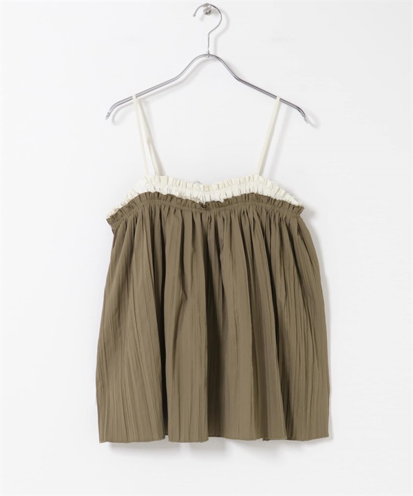 配色縐縮細肩帶背心(卡其綠x象牙白-one-其他綠色)