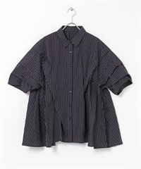 不規則打褶設計五分袖襯衫(藏青色x粉紅色-one-NAVY)