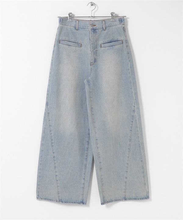 腰部可調節寬版牛仔褲(淺藍色-34)