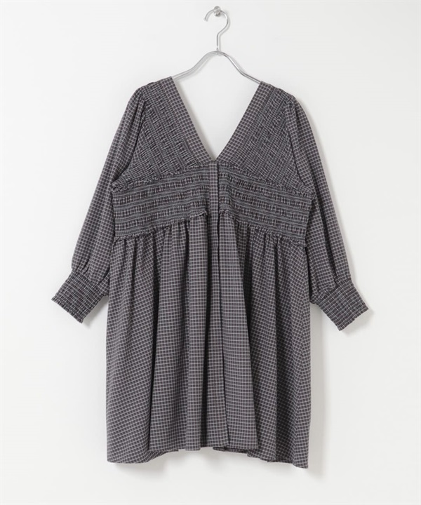 2WAY抽褶縫格紋迷你洋裝(棕色 混合-one-其他棕色)