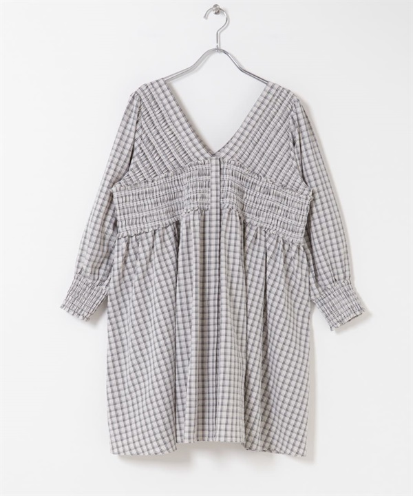 2WAY抽褶縫格紋迷你洋裝(膚色 混合-one-其他膚色)