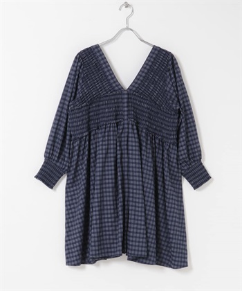 2WAY抽褶縫格紋迷你洋裝(藏青色 混合-one-其他藍色)