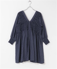 2WAY抽褶縫格紋迷你洋裝(藏青色 混合-one-其他藍色)