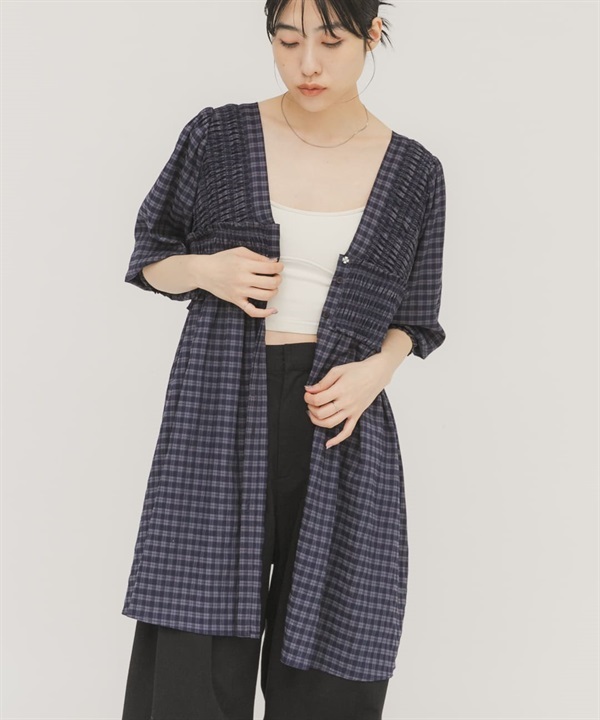 2WAY抽褶縫格紋迷你洋裝