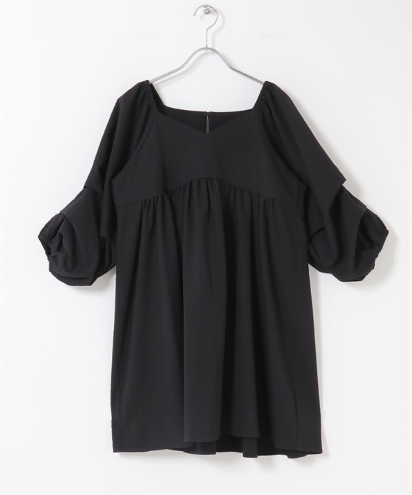 打褶袖迷你洋裝(黑色-one-BLACK)