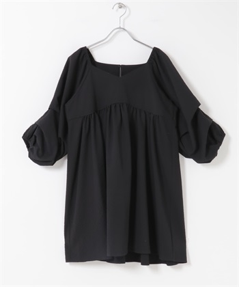 打褶袖迷你洋裝(黑色-one-BLACK)