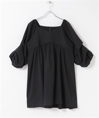 打褶袖迷你洋裝(黑色-one-BLACK)